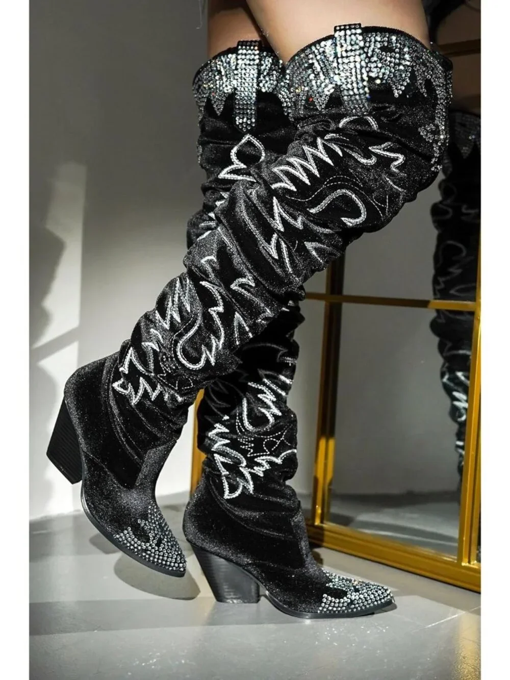 Women's Black Rhinestone Embroidered Thigh High Slouchy Wide Calf Cowgirl Boots